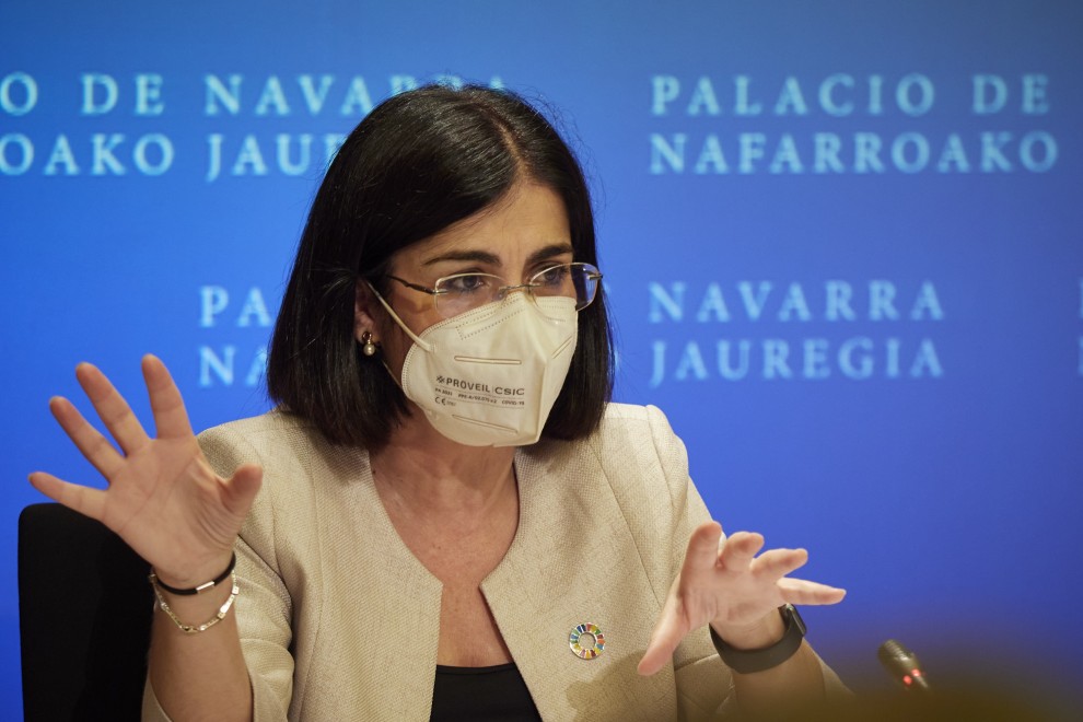 La ministra de Sanidad, Carolina Darias, comparece en rueda de prensa tras presidir desde Pamplona el pleno telemático del Consejo Interterritorial del Sistema Nacional de Salud