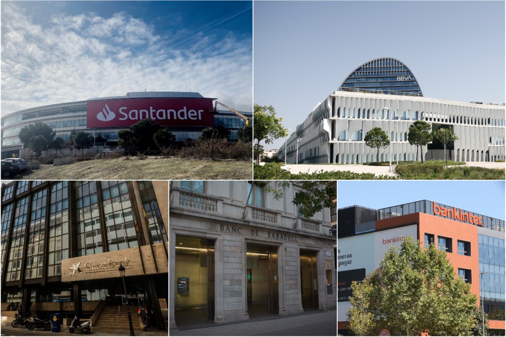 Sedes de los cinco mayores bancos de España: Santander, BBVA. Caixabank, Sabadell, y Bankinter.