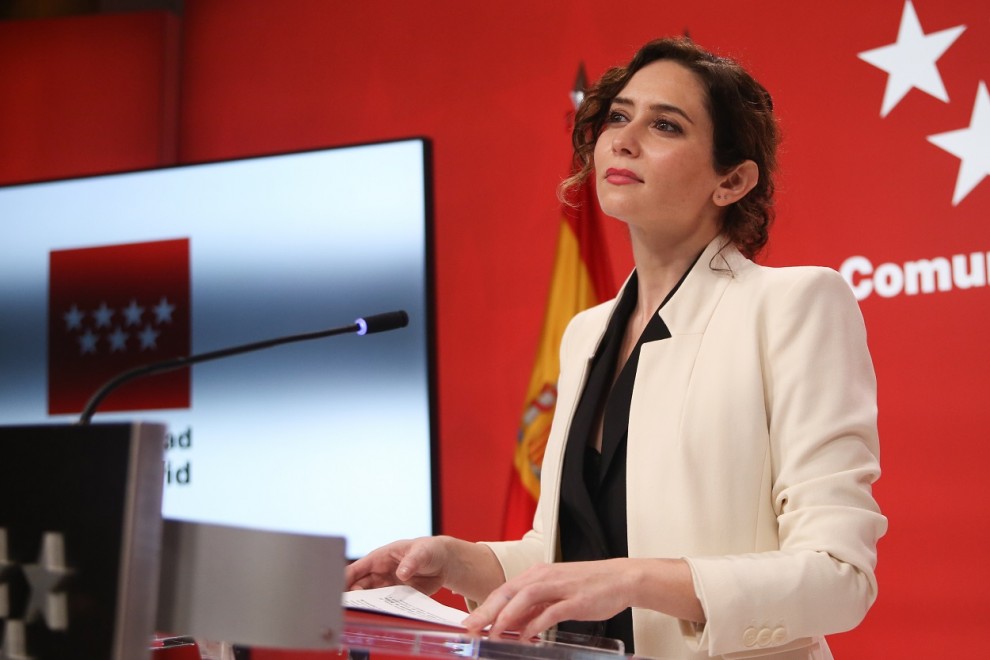 La presidenta de la Comunidad de Madrid, Isabel Díaz Ayuso durante su comparecencia en en la Real Casa de Correos de Madrid este jueves. E.P.