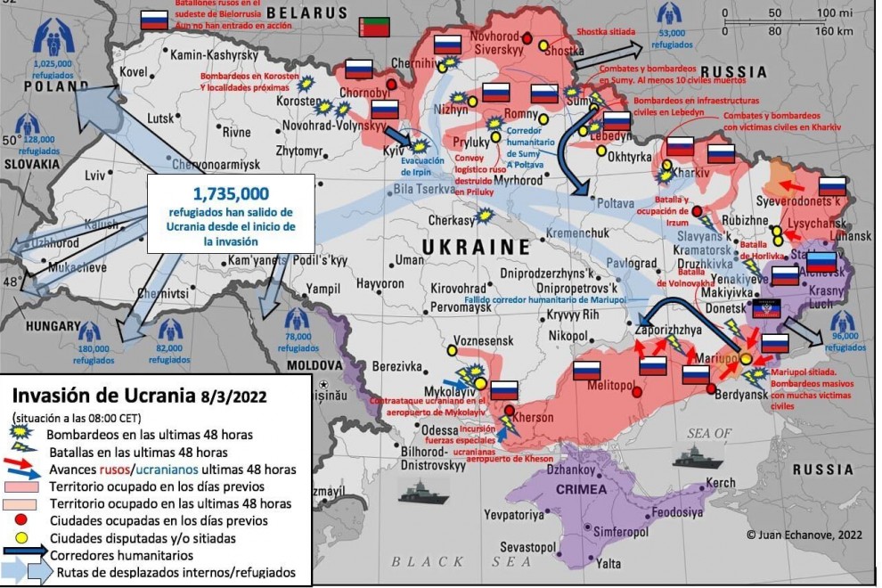 Mapa actualizado a 8 de marzo de 2022 de la invasión de Rusia a Ucrania.