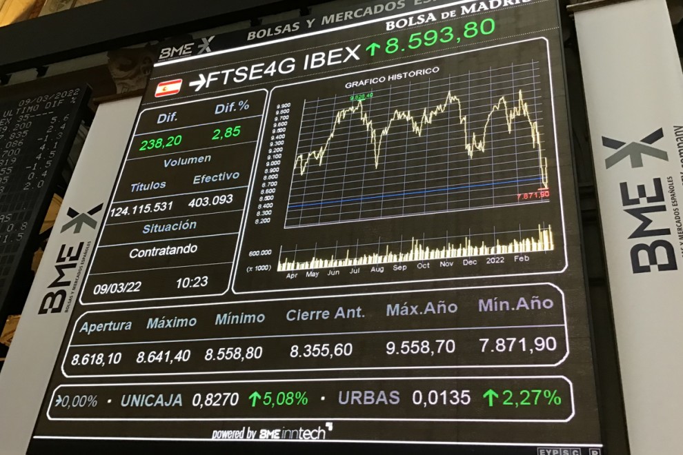 Vista del panel informativo en la Bolsa de Madrid, que muestra la cotización del Ibex 35, el principal indicador del parqué madrileño. EFE/ Vega Alonso Del Val