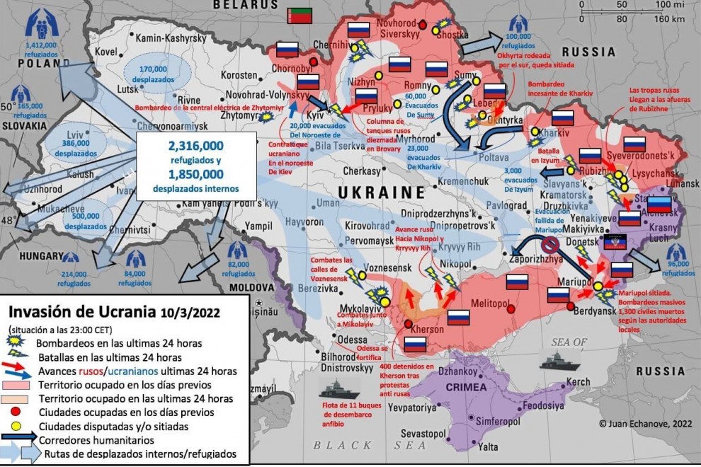 Mapa del avance de las tropas rusas en Ucrania actualizado a las 23 horas del día 10 de marzo.