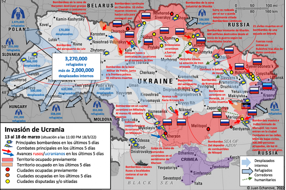 Mapa de la invasión rusa a Ucrania desde el 13 al 18 de marzo de 2022.