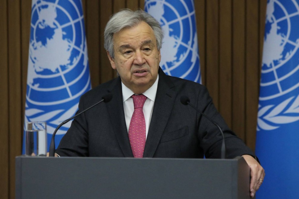 El secretario general de la ONU, Antonio Guterres, durante la conferencia de prensa que ofreció este lunes 9 de mayo de 2022 en su visita a Moldavia.