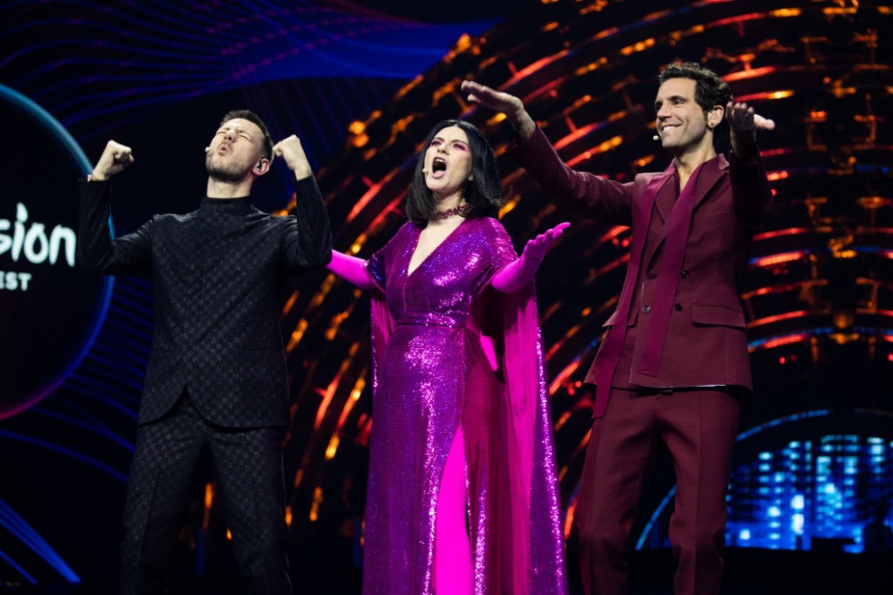 Mika, Laura Pausini, Alessandro Cattelan presenting at the first semi final