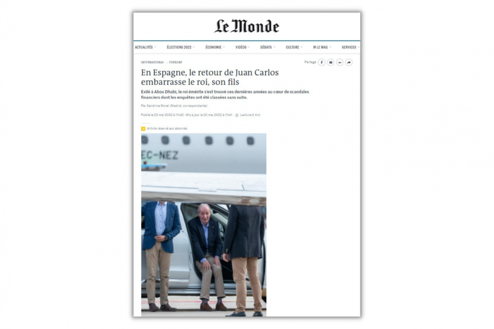 Imagen del diario francés Le Monde, en su pieza sobre el regreso del rey Juan Carlos I