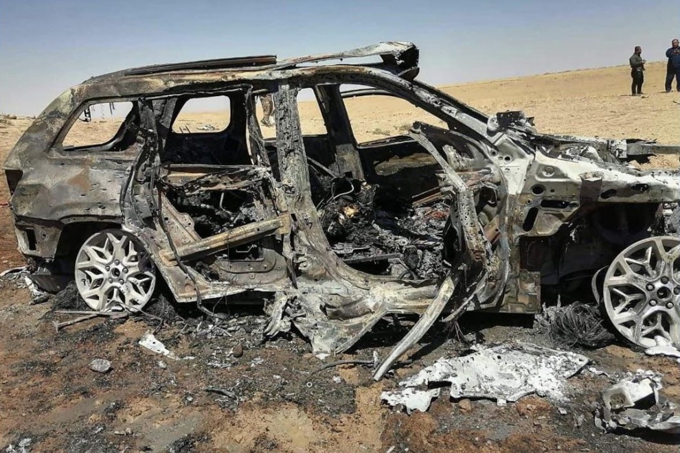 The vehicle in which Ferhat Shibli, one of the main people responsible for the autonomy of Rojava, was traveling, after being hit on June 17 by another Turkish drone.