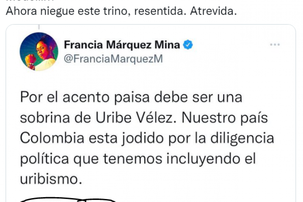 Tuit real de Francia Márquez.