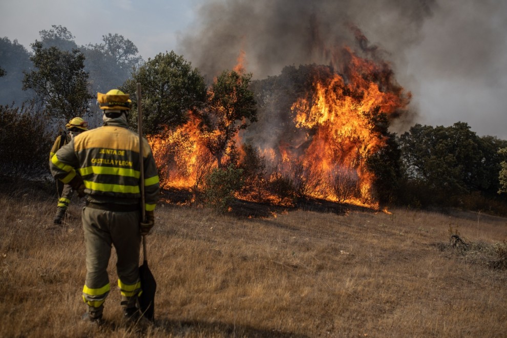 (18/7/22) Varios bomberos trabajan en la extinción del fuego del incendio de Losacio, a 18 de julio de 2022, en Pumarejo de Tera, Zamora, Castilla y León (España).