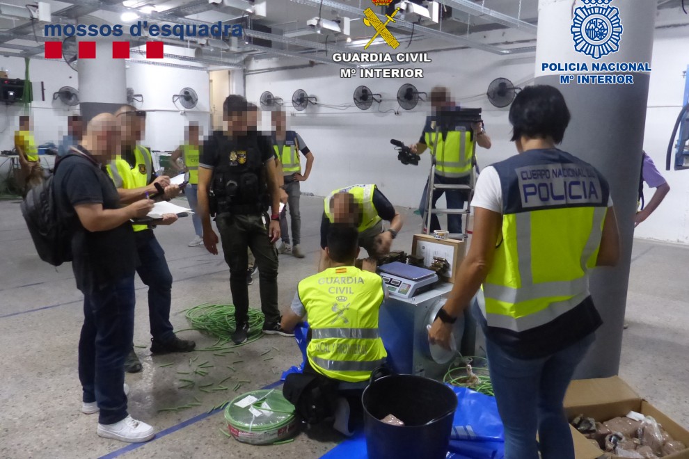 Agentes de los Mossos d'Esquadra, de la Policía Nacional y de la Guardia Civil, durante su intervención en las instalaciones de la empresa J&J Devices.