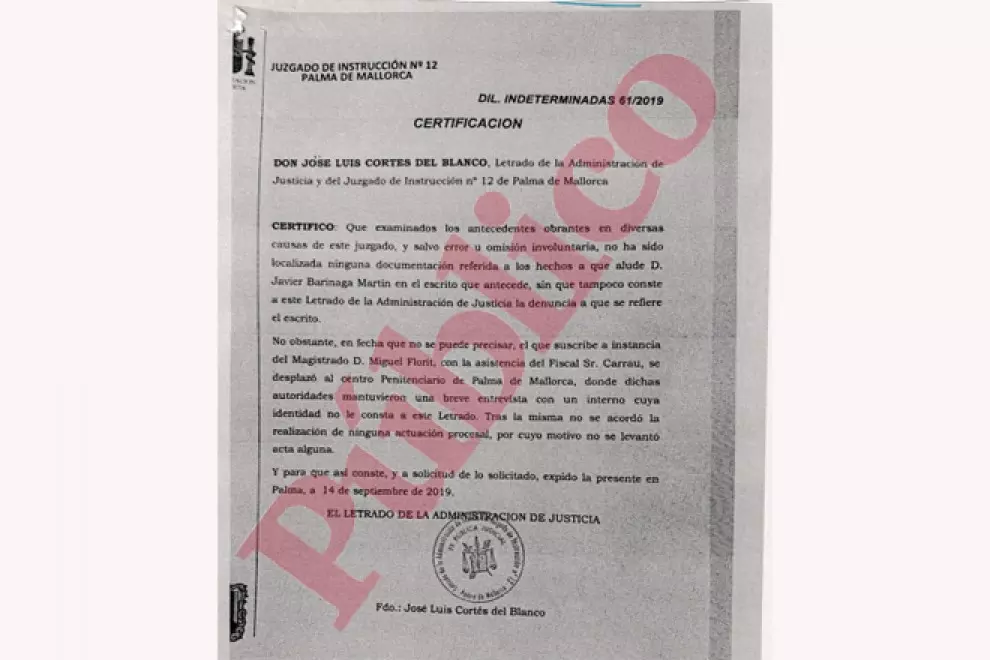Certificado del secretario judicial del Juzgado de Instrucción 12 de Palma, donde cuenta el traslado de una comitiva judicial a la cárcel de Palma
