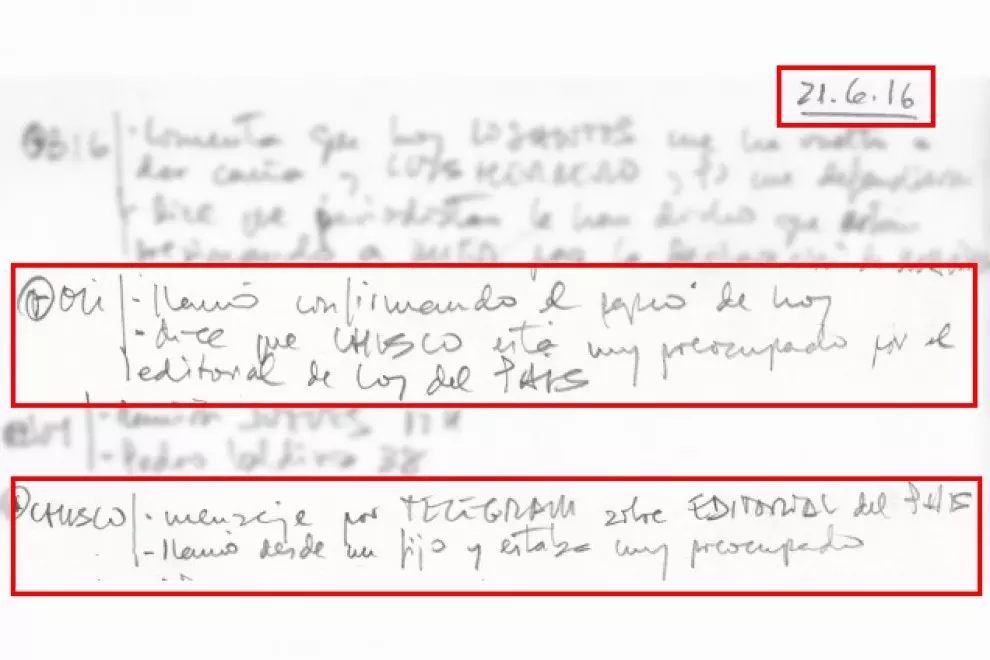 Apuntes de la agenda de José Manuel Villarejo del 21 de junio de 2016 en el que recoge la preocupación de Francisco Martínez (PP), alias Chisco, por el editorial de El País