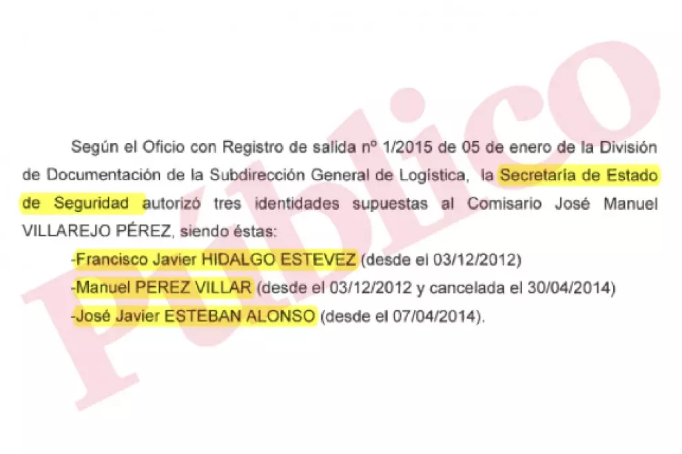 Escrito en el que constan las identidades supuestas autorizadas por la Secretaría de Estado de Seguridad al comisario José Manuel Villarejo