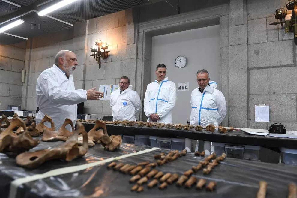 El presidente del Gobierno, Pedro Sánchez, junto al ministro de Política Territorial y Memoria Democrática, en la visita al laboratorio forense del Valle de Cuelgamuros.