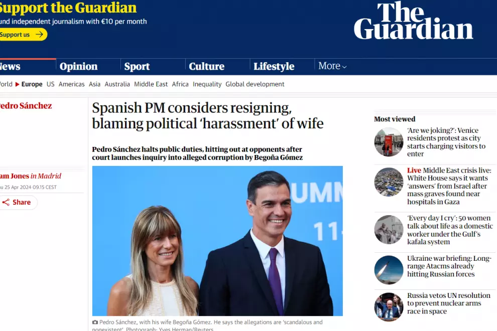 25/04/2024 Publicación de 'The Guardian' sobre la carta de Pedro Sánchez este miércoles.