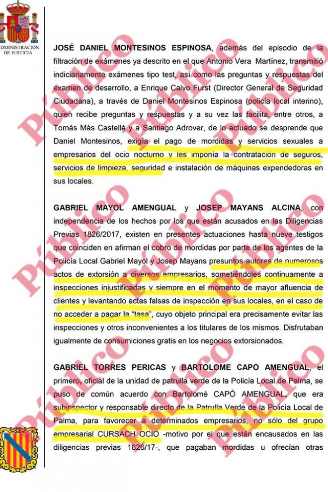 Página del auto del juez Morell donde se identifican las extorsiones y coacciones de policías locales a empresarios de Palma para beneficiar al Grupo Cursach.