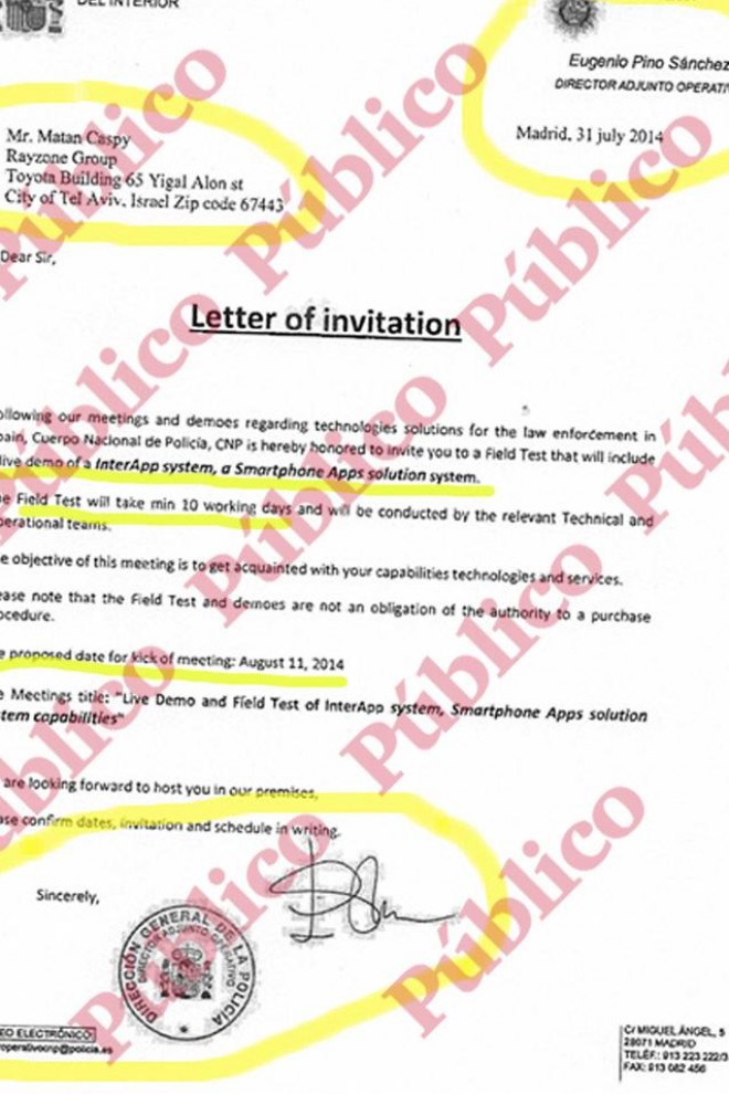 "Letter of Invitation" de Eugenio Pino a los técnicos israelíes para hacer las pruebas de campo del sistema de espionaje de móviles.