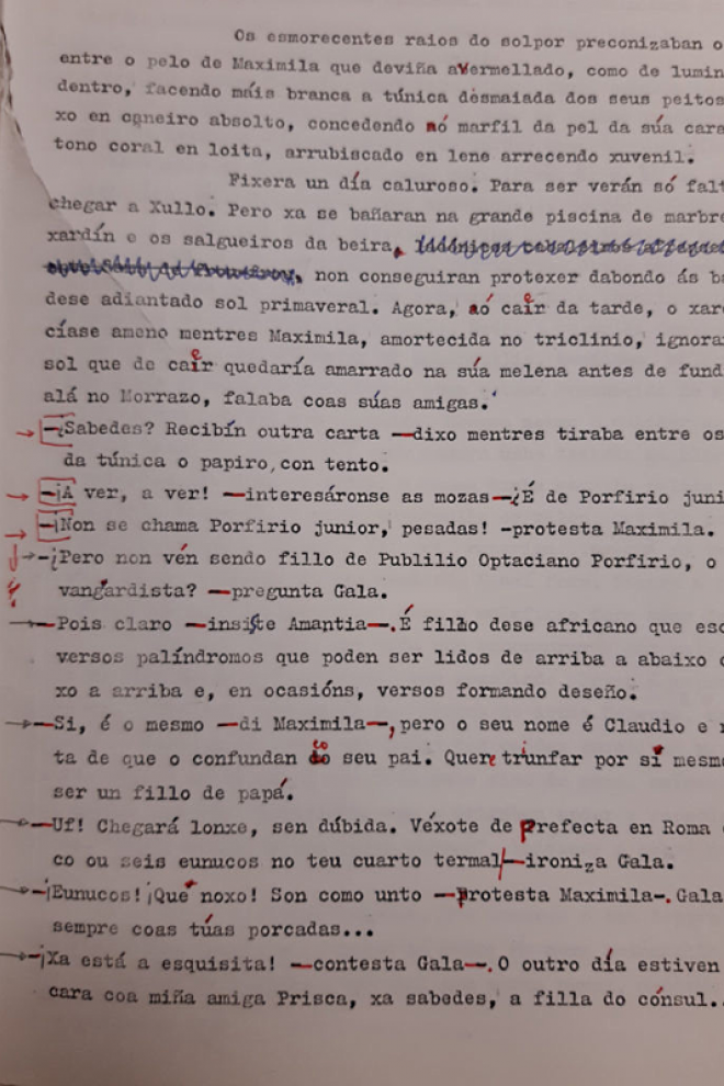 Correcciones de Xela Arias a un fragmento de la novela de María Xosé Queizán, 'Amantia' (2001).