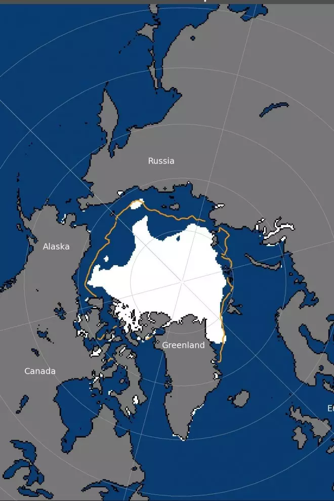 La extensión del hielo marino del Ártico para el 18 de septiembre de 2022 fue de 4,67 millones de kilómetros cuadrados (1,80 millones de millas cuadradas). La línea naranja muestra la extensión promedio de 1981 a 2010 para ese día.