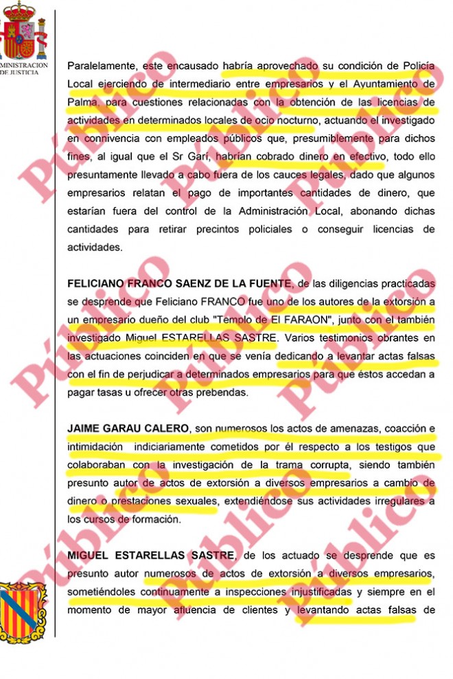 Página del auto del juez Morell sobre los delitos que se atribuyen a Franco, Garau y Estarellas.