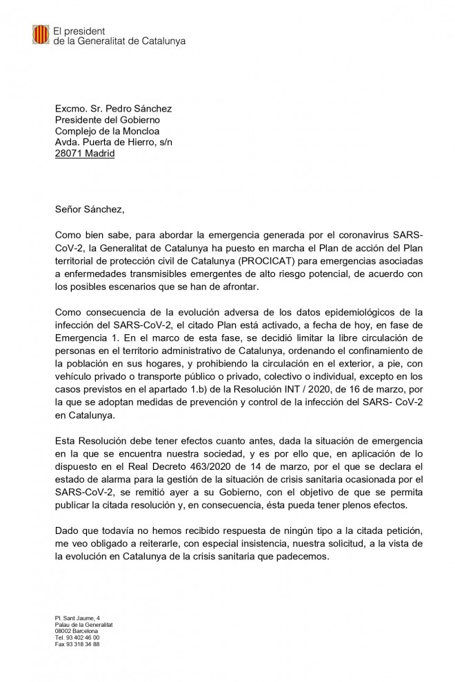 Carta del president de la Generalitat, Quim Torra, al president espanyol, Pedro Sánchez.