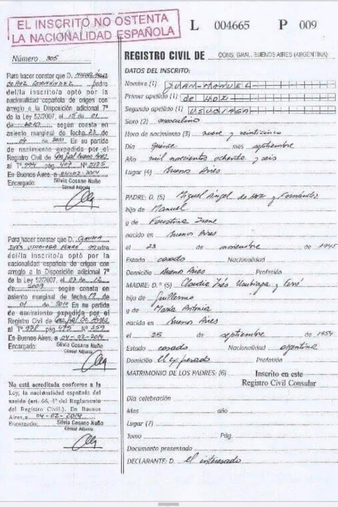 Registro civil de Juan Manuel de Hoz, que no pudo obtener la nacionalidad por razones de edad.