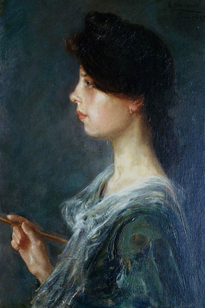 Autorretrato de Aurelia Navarro titulado 'Retrato de señorita' que presentó en la Exposición Nacional de Bellas Artes de 1906 y que obtuvo Tercera Medalla o Medalla de Bronce.