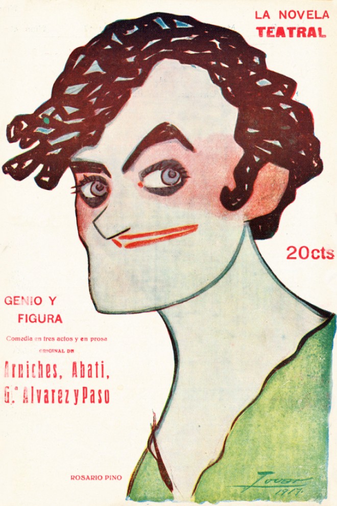 Cartel de una novela teatral con un retrato de Rosario Pino.