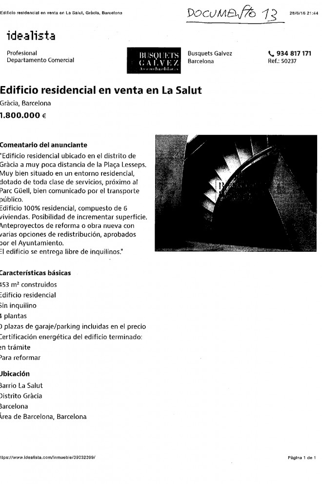 Anunci al portal Idealista presentat de l'immoble on vivia Francisco Sánchez, propietat d'UPL-Gràcia S.L.