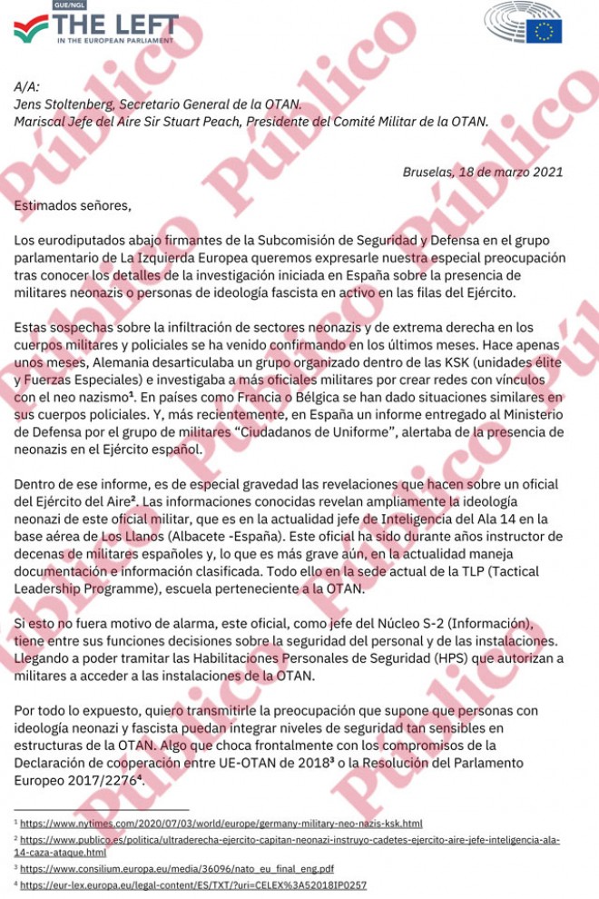 Primera página de la carta de eurodiputados al Alto Mando de la OTAN sobre la presencia de neonazis en el Ejército español.
