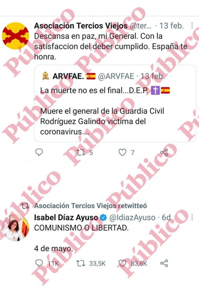 Tuit de Tercios Viejos por el general Galindo y retuit de Díaz Ayuso.