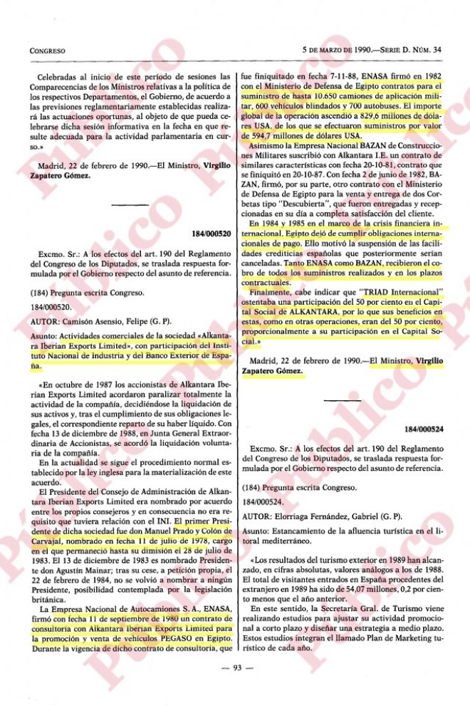 Respuesta gubernamental en el Congreso sobre las ventas de material militar de Alkantara a Egipto.