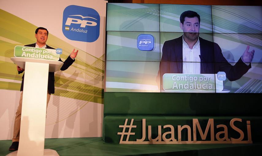 El candidato del Partido Popular a las elecciones andaluzas, Juanma Moreno, durante el acto de inicio de campaña para las elecciones andaluzas celebrado anoche en Málaga./ EFE