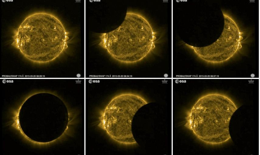 Una combinación de fotos de la Agencia Espacial Europea (ESA) con las diversas fases del eclipse parcial de sol. REUTERS