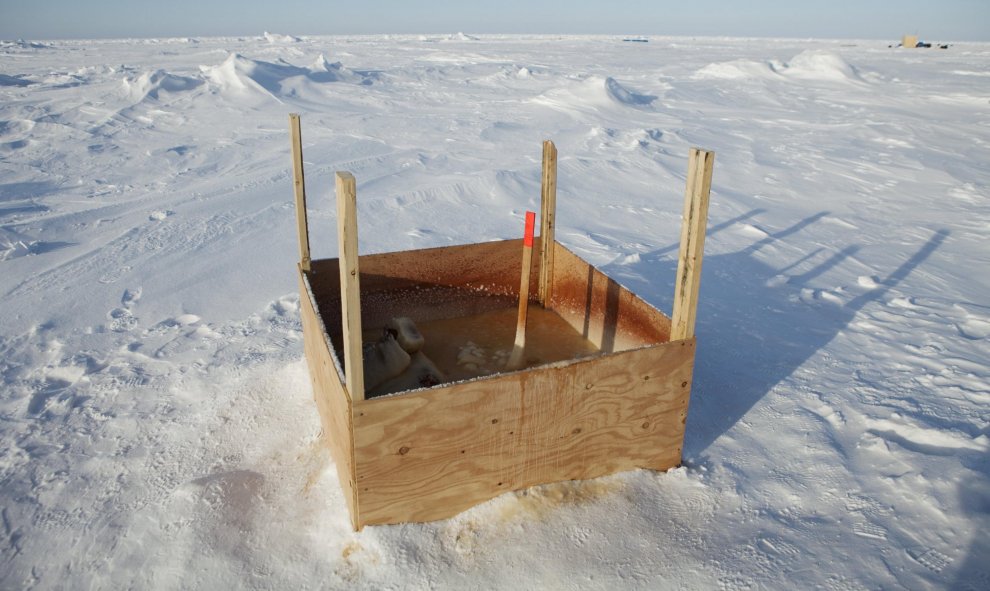 Un baño público rodeado por la nieve cerca de una estación científica en la bahía de Prudhoe, Alaska (EEUU). REUTERS / Lucas Jackson