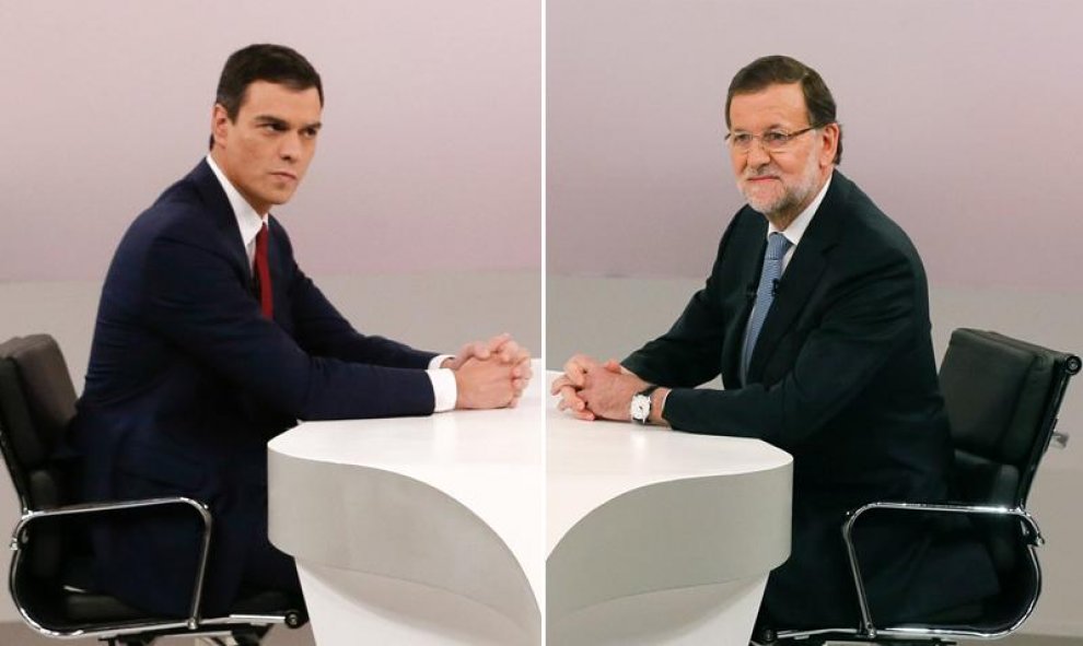 El líder del PSOE y candidato a la presidencia del Gobierno, Pedro Sánchez, y el candidato del PP a la reelección a la presidencia del Gobierno para las elecciones generales del 20-D, Mariano Rajoy, antes del 'cara a cara' con el presidente del Ejecutivo,