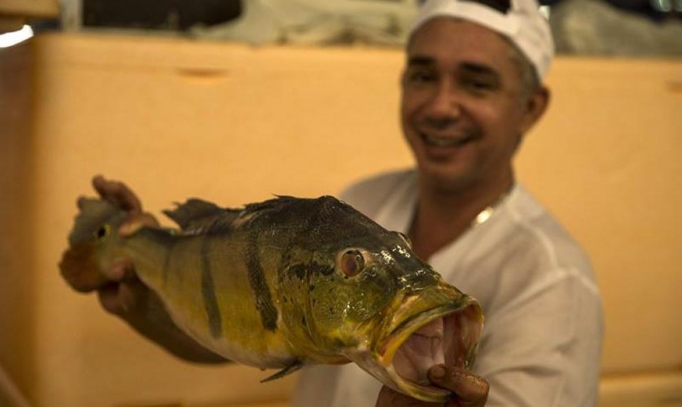 Un vendedor sostiene un pez Tucunaré en el mercado popular de peces en la ciudad de Manaos, capital del estado brasileño de Amazonas. EFE/Marcelo Sayão