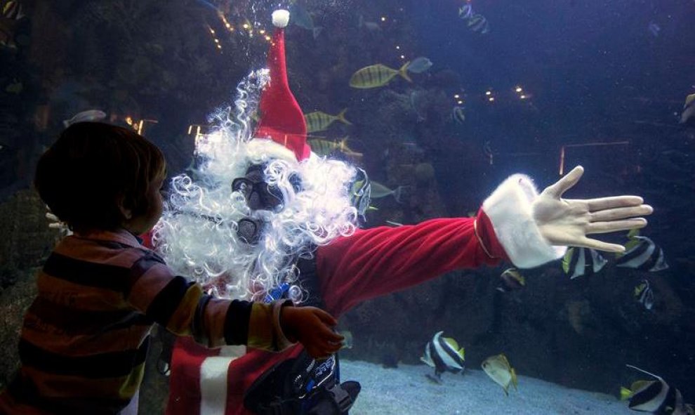 Un niño se abraza a Papá Noel en el Oceanográfico de la Ciudad de las Artes y las Ciencias de Valencia. Uno de los biólogos del parque se ha disfrazado y ha entrado en el acuario del Mar Rojo para felicitar la Navidad a los niños. EFE/Manuel Bruque
