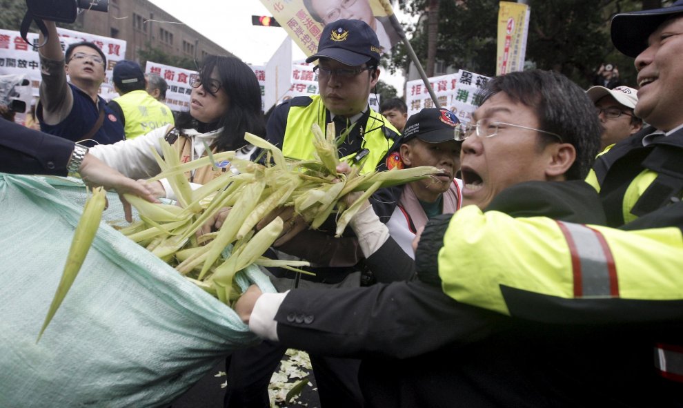 Activistas se enfrentan con agentes de la policía, mientras intentan tirar maíz durante una protesta contra el acuerdo comercial con China frente a la Consejería de Agricultura en Taipei, Taiwan. REUTERS/Pichi Chuang