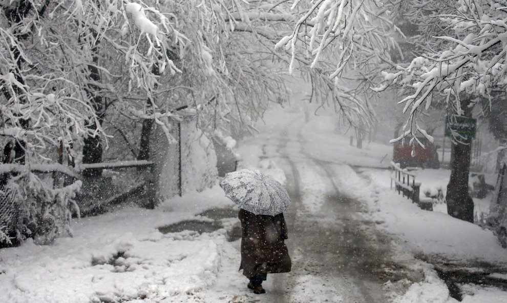 Un hombre con un paraguas pasea bajo los árboles cubiertos de nieve durante una nevada en Tangmarg. REUTERS/Danish Ismail