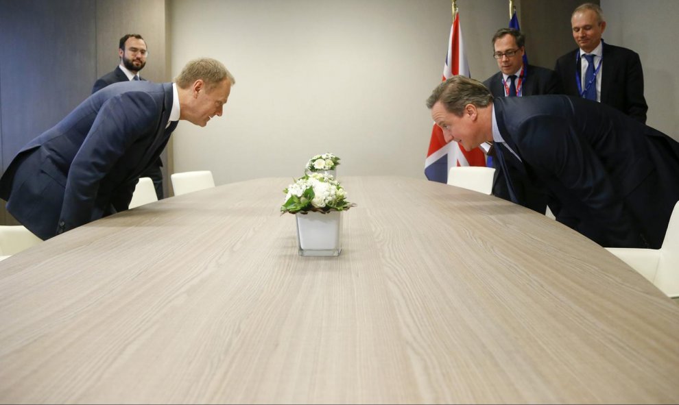El primer ministro británico, David Cameron (d) y presidente del Consejo Europeo, Donald Tusk (izq) se sientan para comenzar una reunión bilateral antes de la reunión de la cumbre de la UE, en la sede de la UE en Bruselas. OLIVIER Hoslet/AFP
