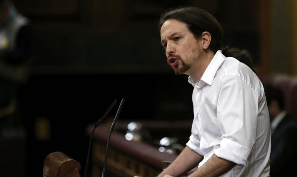 El líder de Podemos, Pablo Iglesias, en su intervención tras Rajoy y Sánchez. EFE/Chema Moya