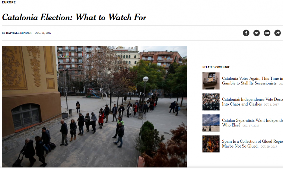 Para leer la información del periódico New York Times sobre Catalunya se debe acceder a la sección 'Mundo' en portada y a la derecha de la página principal encontramos 'Elecciones catalanas: qué ver