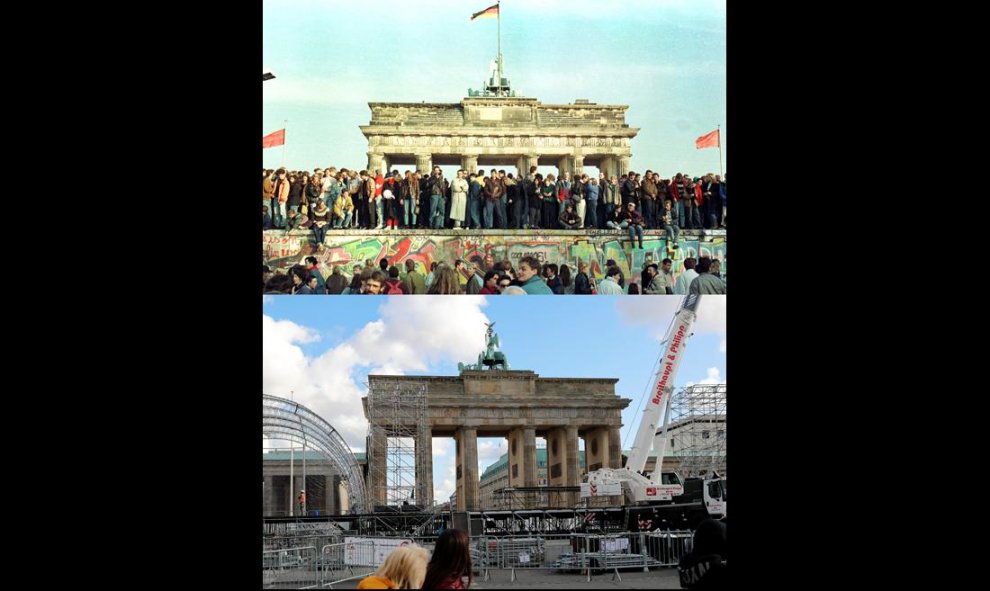 La imagen combinada muestra (arriba) a ciudadanos de Berlín Occidental en vigilia sobre el Muro frente a la Puerta de Brandeburgo el 10 de noviembre de 1989, y (abajo) el mismo monumento en 2019. Este 9 de noviembre, Alemania celebrará el 30 aniversario d