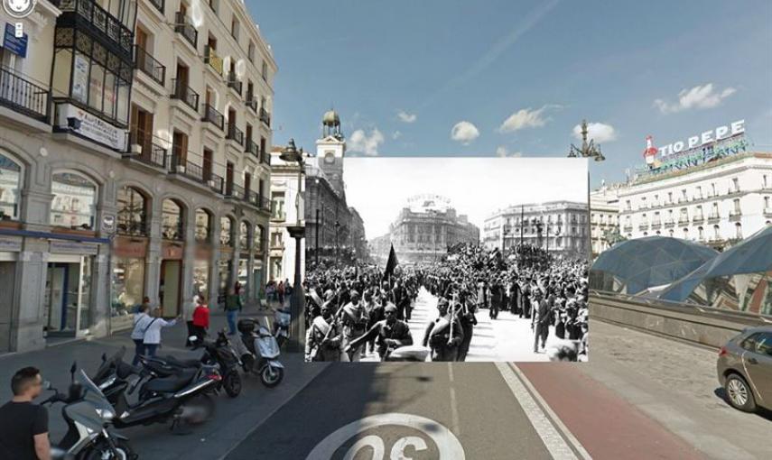 Imágenes de la Guerra Civil con las panorámicas de GoogleStreet View. PUERTA DEL SOL (1939) // Sebastian Maharg