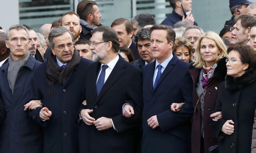 Head of states including (2ndL,toR) Greece's Prime Minister Antonis Samaras, Spain's Prime Minister Mariano Rajoy, Britain's Prime Minister David Cameron, Denmark's Prime Minister Helle Thorning Schmidt and Poland's Prime Minister Ewa Kopacz attend the so