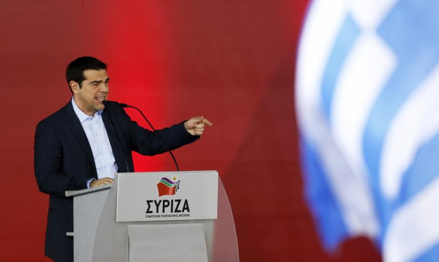 El líder de Syriza,  Alexis Tsipras, durante su intervención en el mitin final de campaña, en Atenas. REUTERS/Marko Djurica