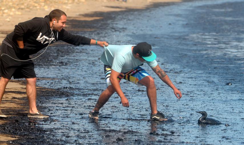 Dos jóvenes tratan de rescatar a un pájaro atrapado por el petróleo que llegó a la orilla en Refugio State Beach, tras la rotura de una tubería en esa zona de la costa de California.- LARA COOPER (REUTERS)