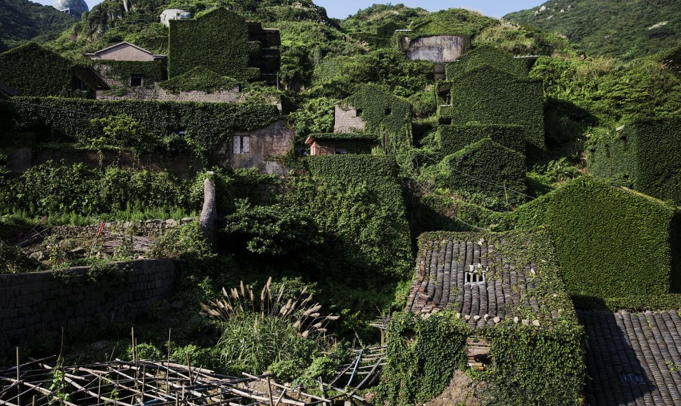 El pueblo pesquero abandonado de Houtouwan en la isla de Shengshan. Cada día cientos de turistas visitan Houtouwan, paseando por senderos estrechos y viendo las casas cubiertas de la vegetación. La remota aldea fue abandonada a principios de 1990. REUTERS