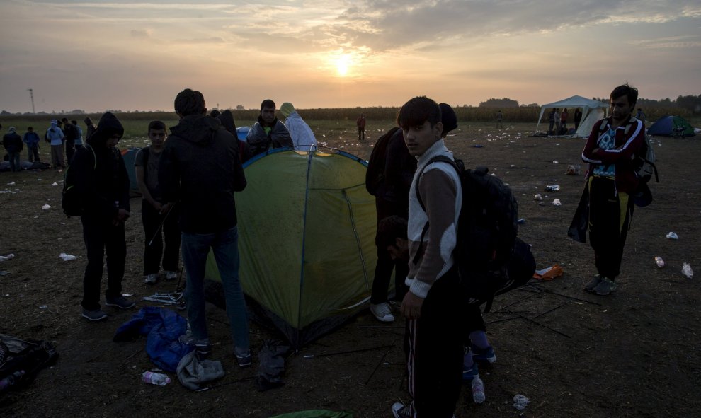Inmigrantes en un campo cerca de la aldea de Röszke, Hungría, 5 de septiembre de 2015. Miles de inmigrantes exhaustos viajan a Austria este sábado. REUTERS / Marko Djurica